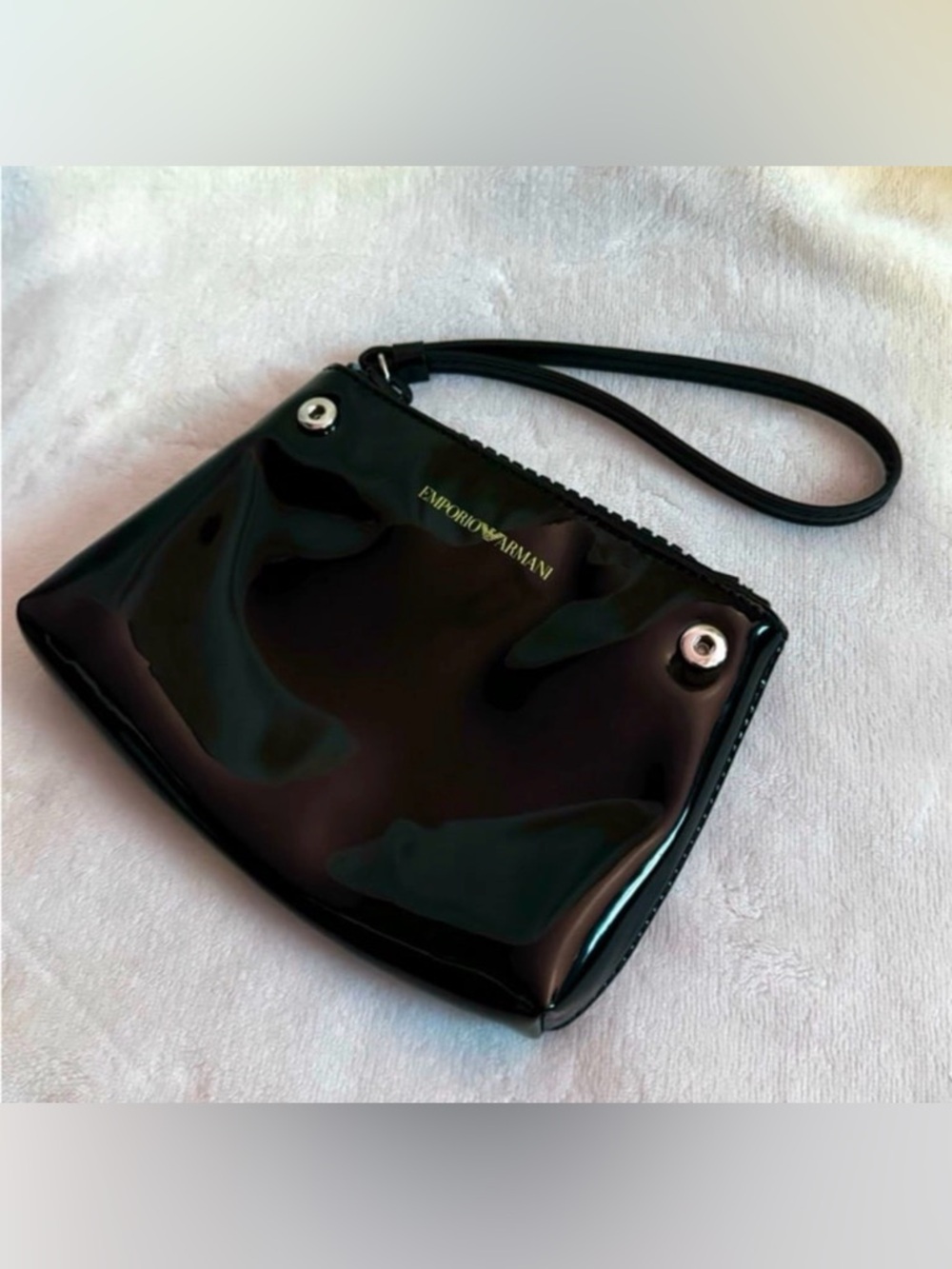 Emporio Armani Black Patent Wristlet Pouch Bag Y2K Style